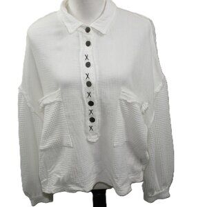 POL White Multi-Media Button Front Oversized Blouse Size Small